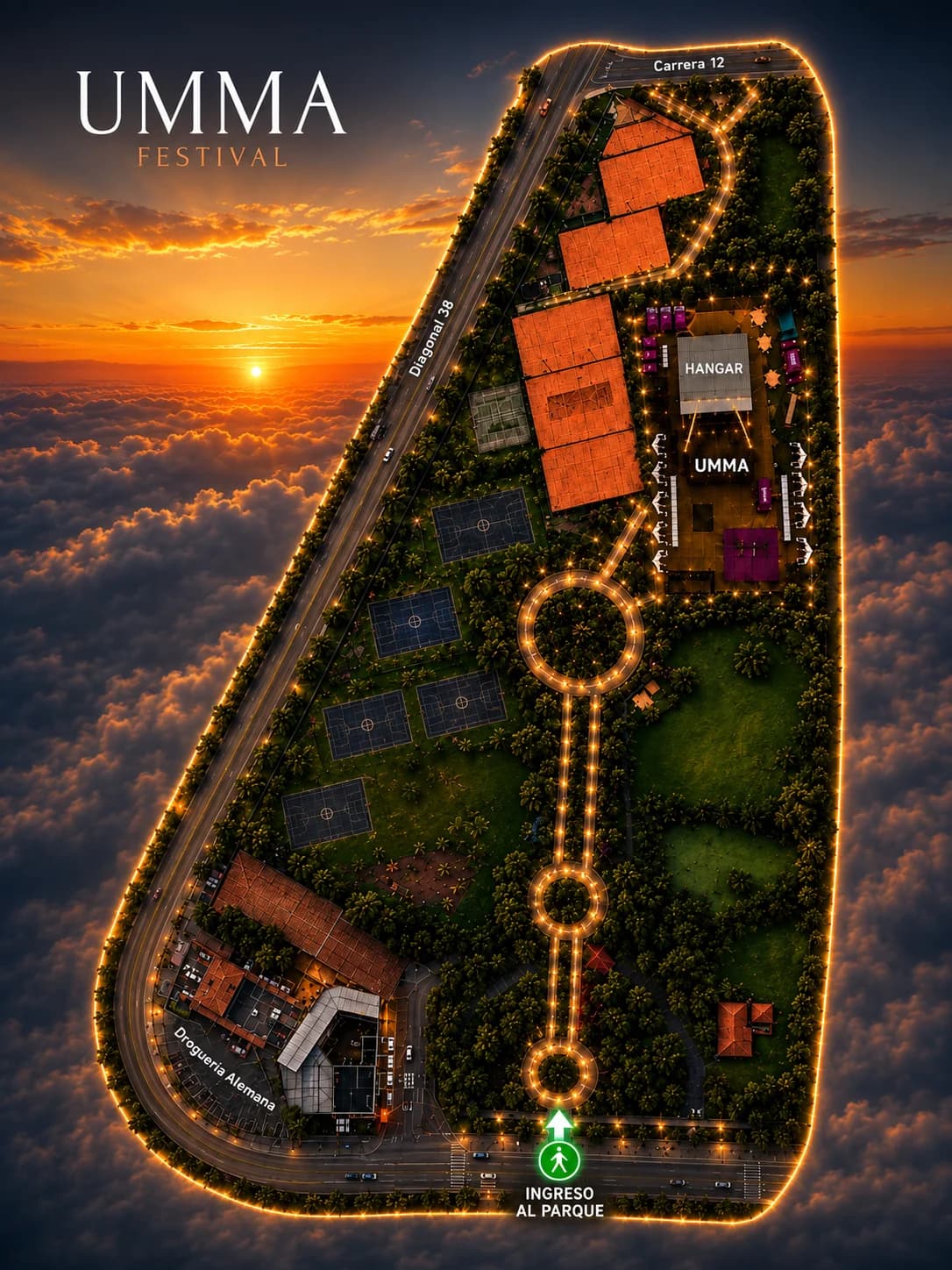 Plano aéreo del Parque Recreacional del Norte de Tunja señalando el ingreso peatonal al parque, la zona UMMA y el Hangar, entre la Carrera 12 y la Diagonal 38