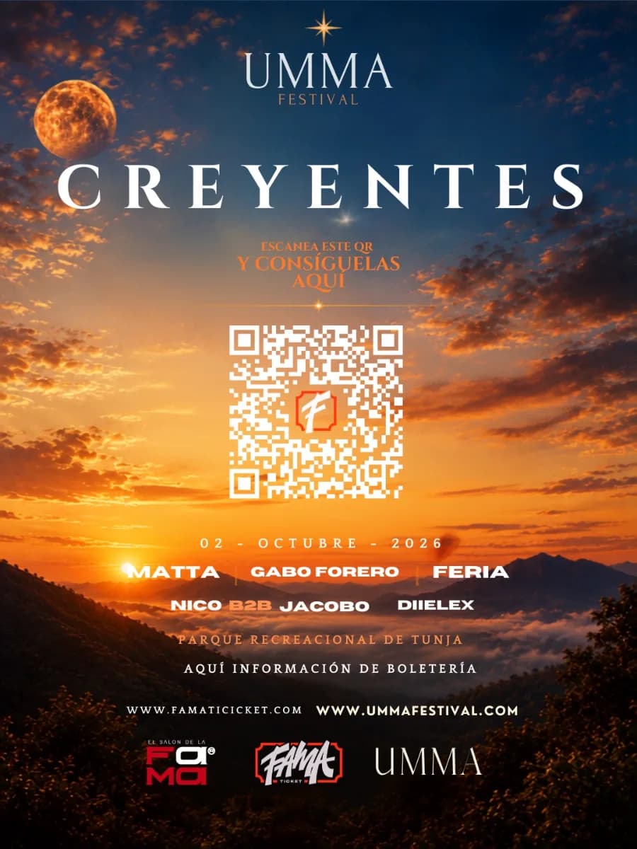 Cartel Creyentes de UMMA Festival 2026 con el código QR hacia la boletería en Famaticket